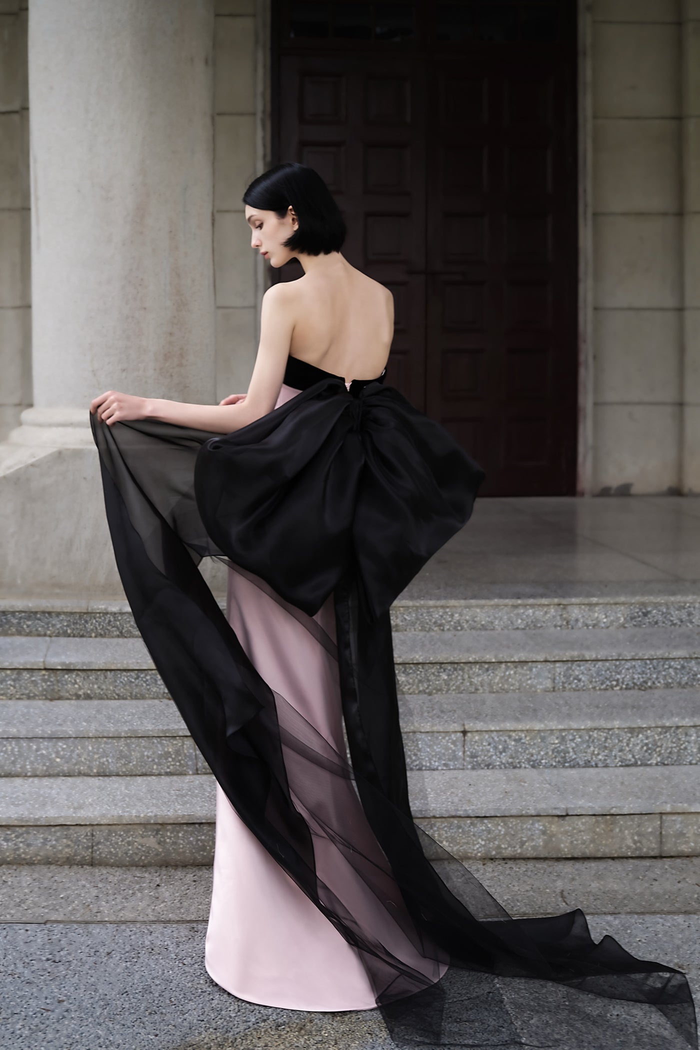 black dress pink ribbon LP Caitlin Gown – GlamEdge & Gown Size:XS(18/24mos) 2026Fall Crafted from woven stretch SIR. Black Silk Soleil
