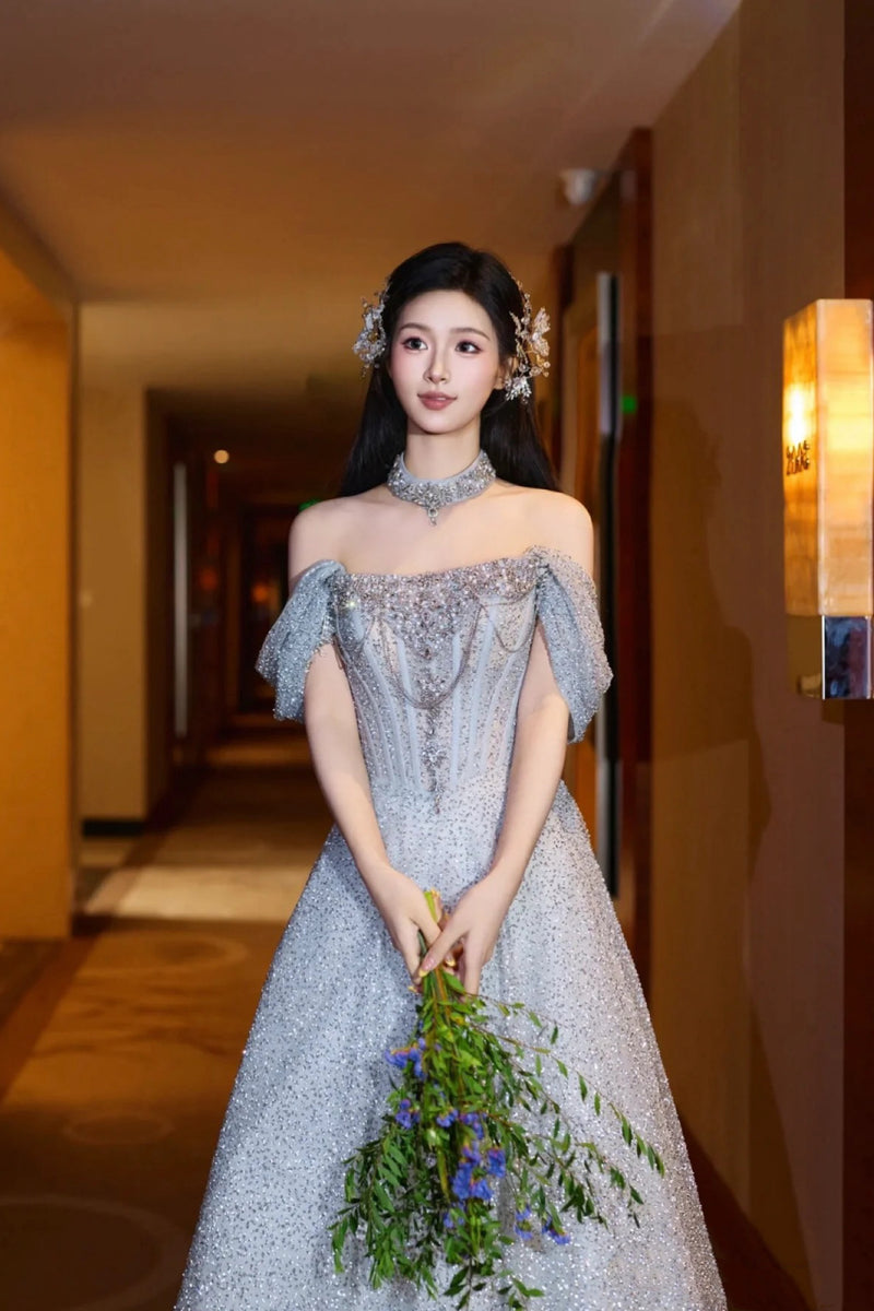 XJ Channing Glitter Silver Flare Gown GlamEdge Dress & Gown XJ Channing Glitter Silver Flare Gown GlamEdge Dress & Gown