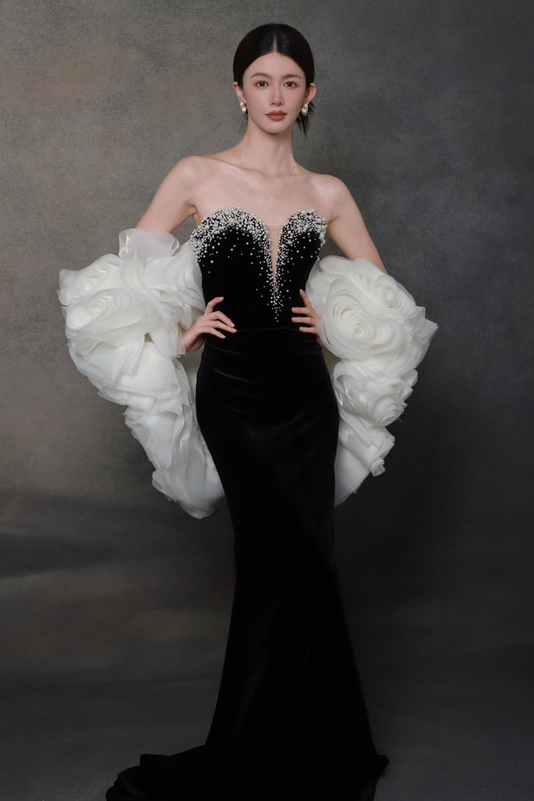 MP Yari Pearl Velvet Black Gown with Cape