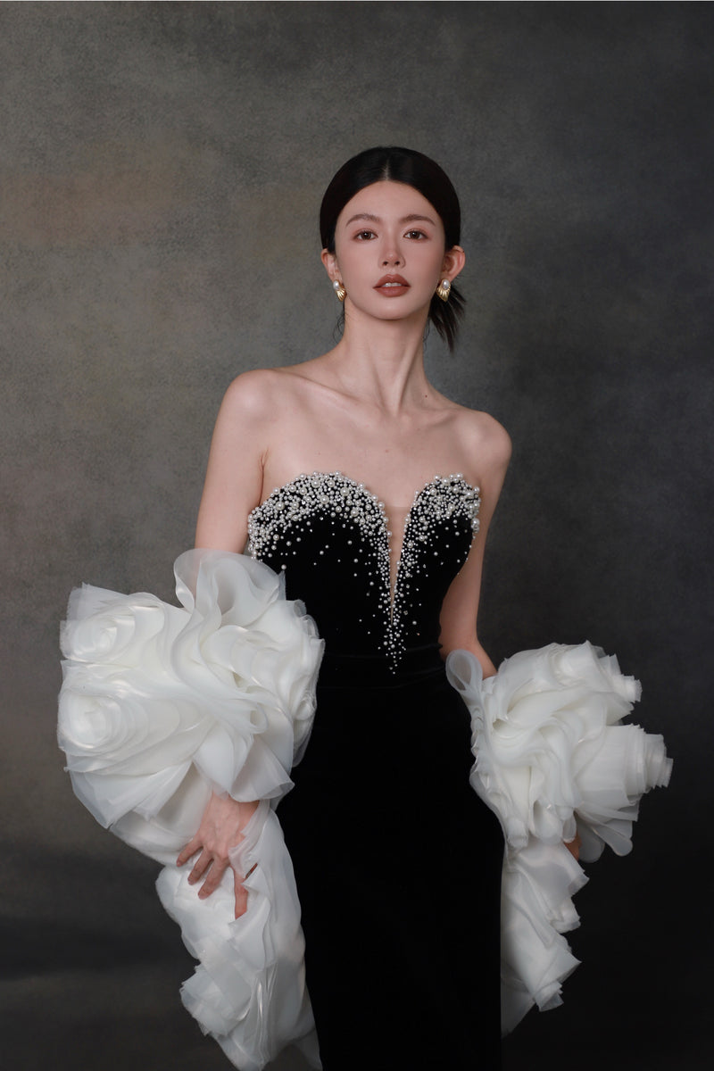 MP Yari Pearl Velvet Black Gown with Cape