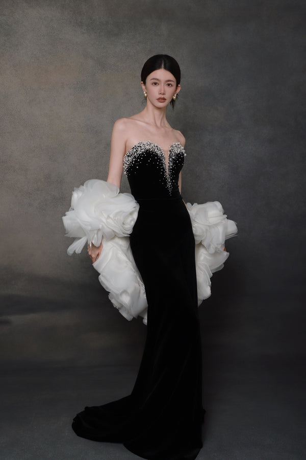 MP Yari Pearl Velvet Black Gown with Cape