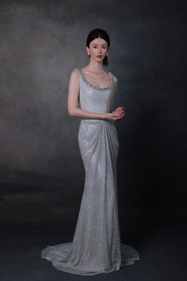MP Krystal Beaded Silver Gown