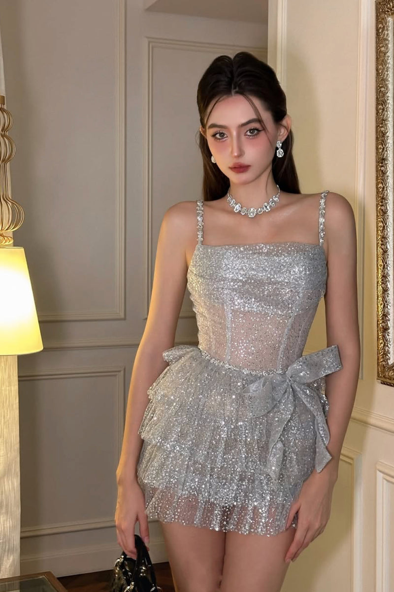 coralie silver dress Coralie Hand Embroidered Column Tulle Dress