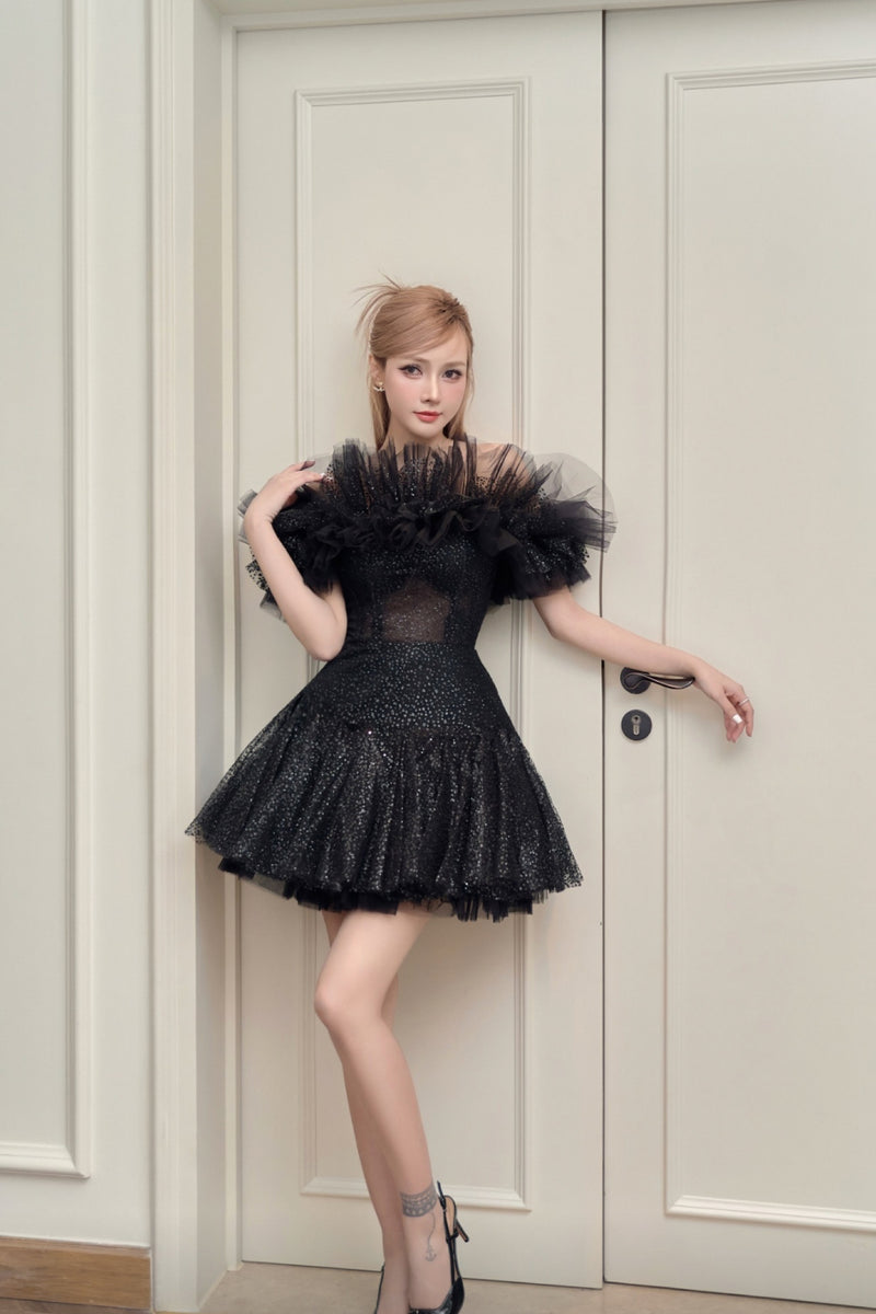 VD J Jerica Ruffle Black Mini Gown