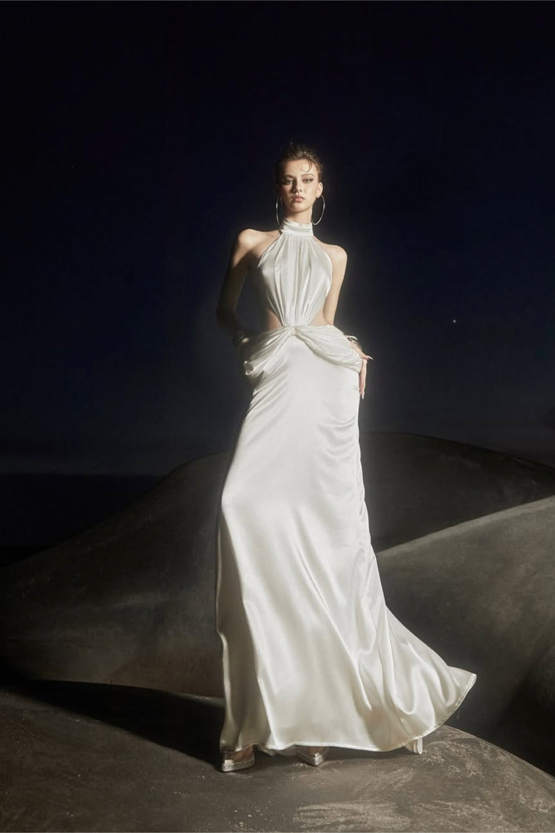 VD Mael Nerissa Halter White Satin Gown