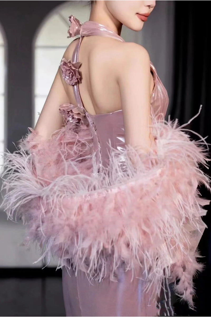 Atea Pink Furry Halter Gown