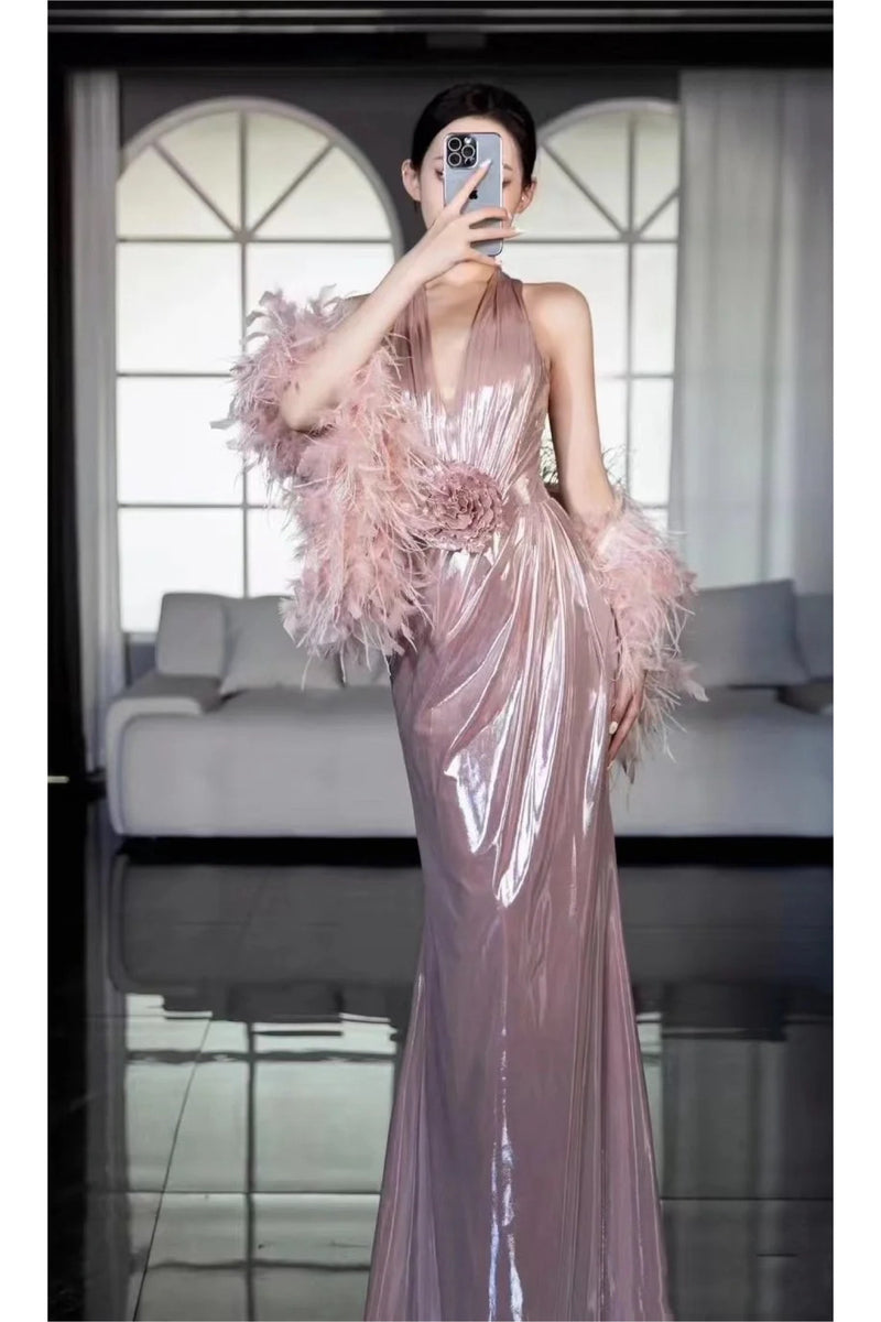 Atea Pink Furry Halter Gown