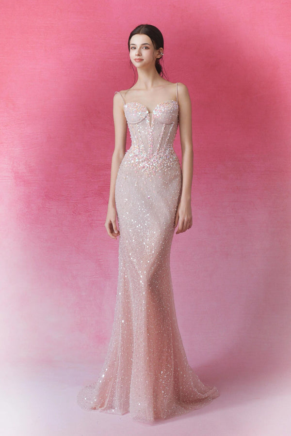 SC Nina Crystal Mermaid Pink Gown with Cape