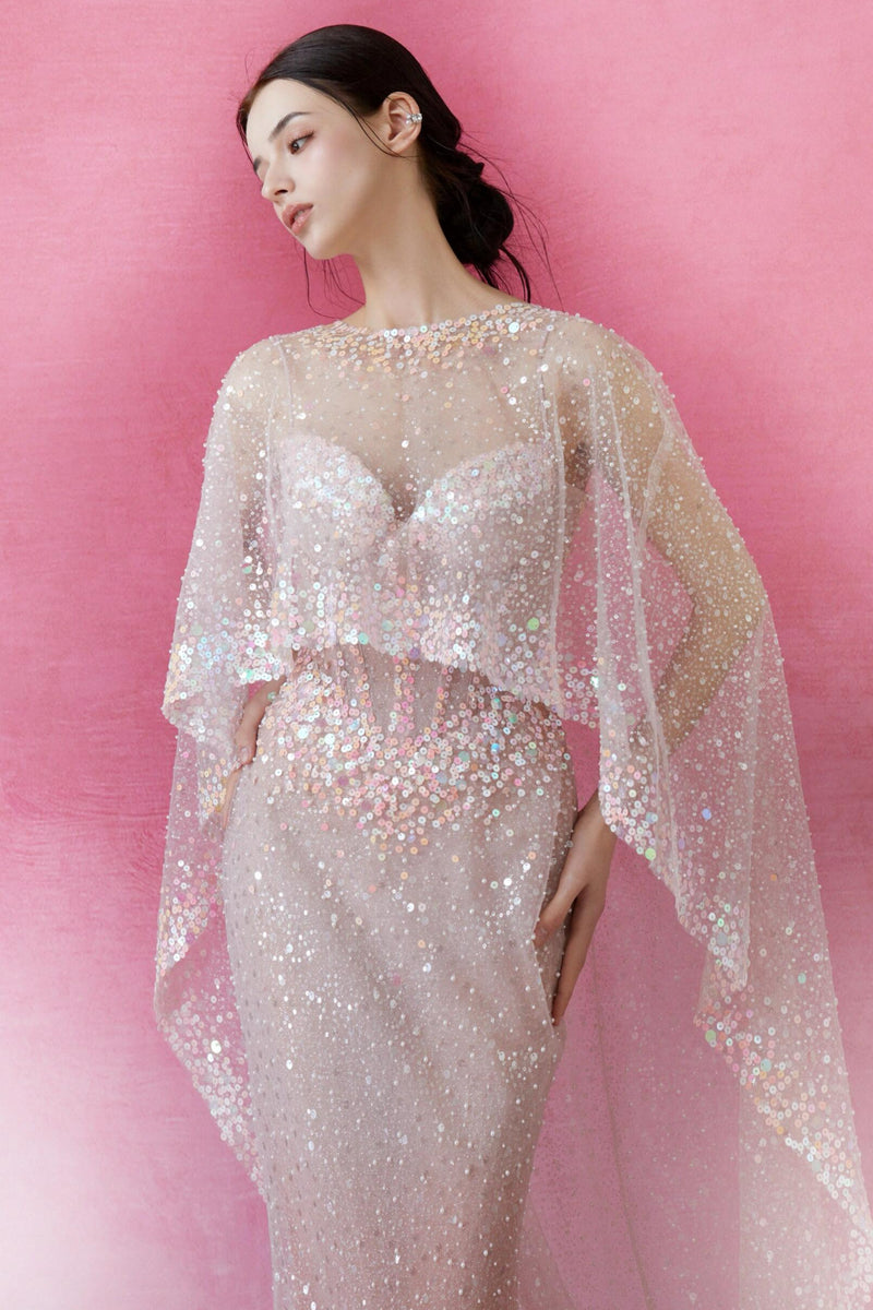 SC Nina Crystal Mermaid Pink Gown with Cape