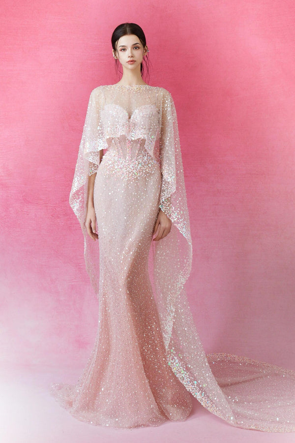 SC Nina Crystal Mermaid Pink Gown with Cape