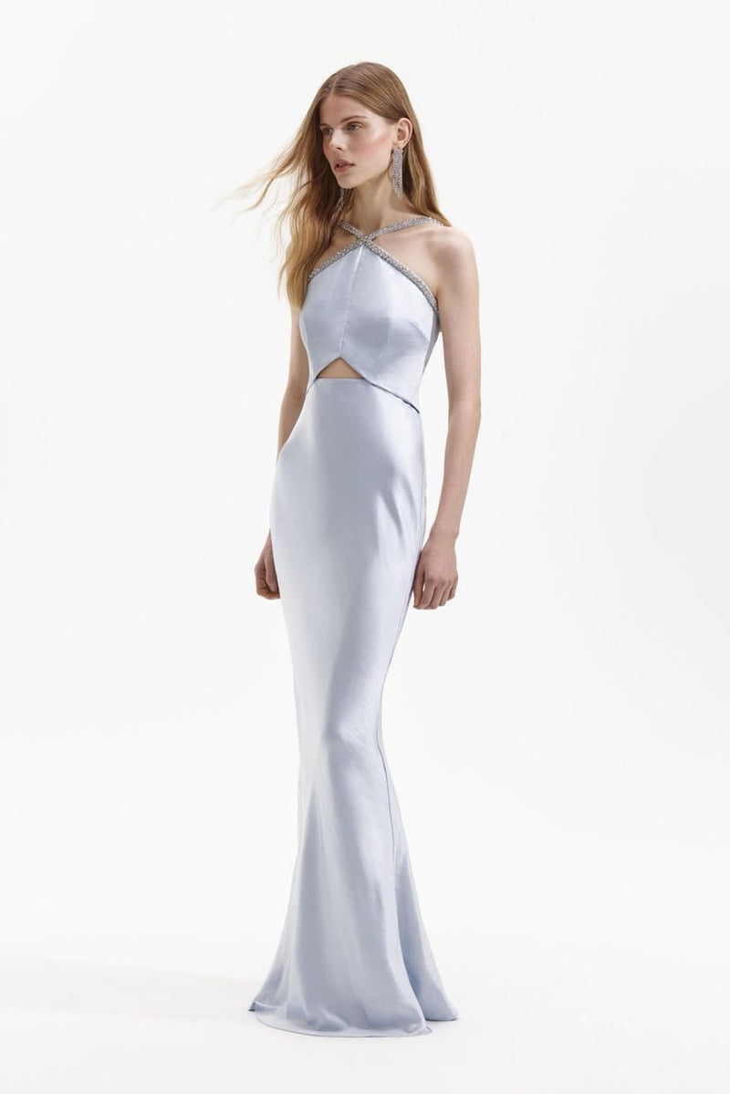 Self-Portrait Diamante Blue Satin Halter Gown