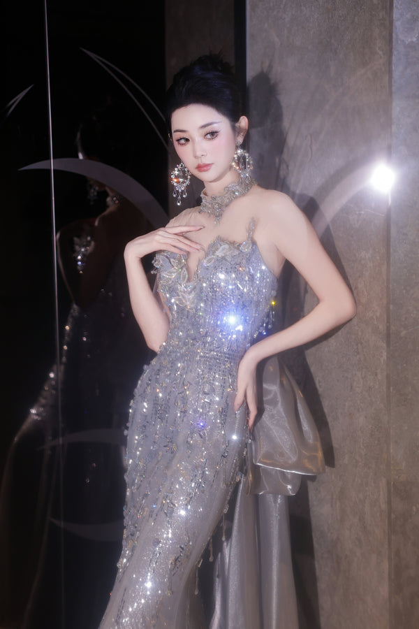 XJ Sephora Beaded Mermaid Gown With Ribbon