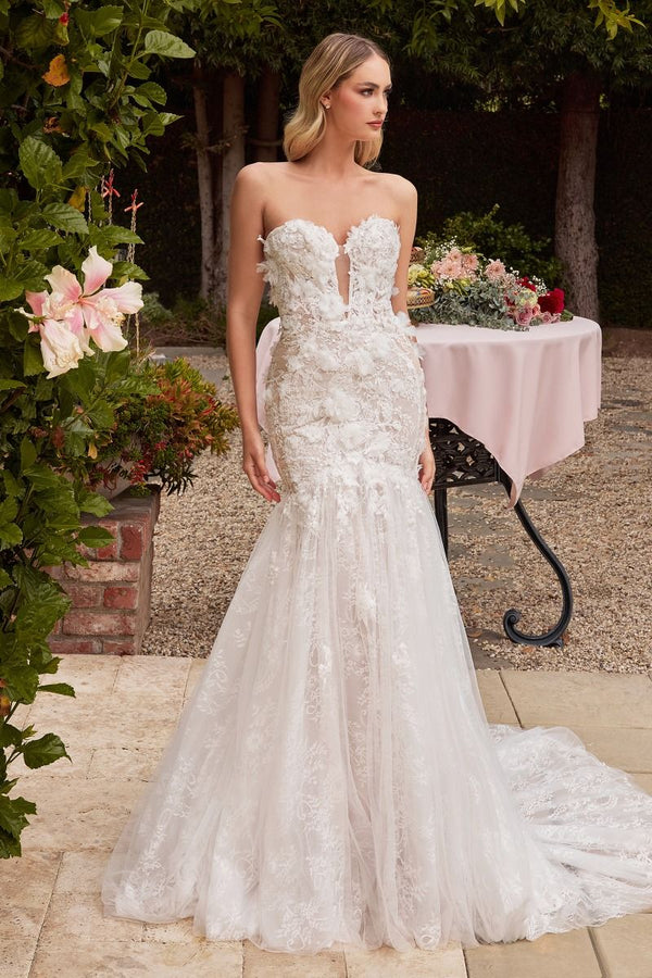 CD Collins White Strapless Lace Gown
