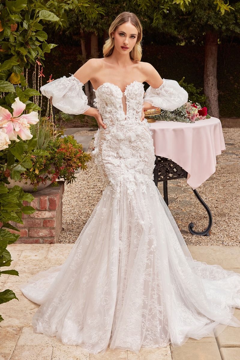 CD Collins White Strapless Lace Gown