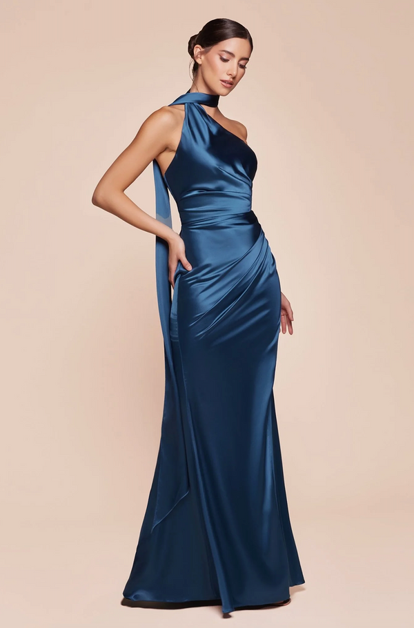 CD Safiya One Shoulder Navy Satin Gown