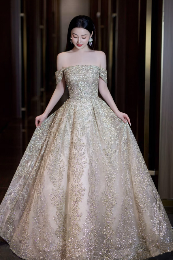 XJ Novella Off Shoulder Golden Ballgown