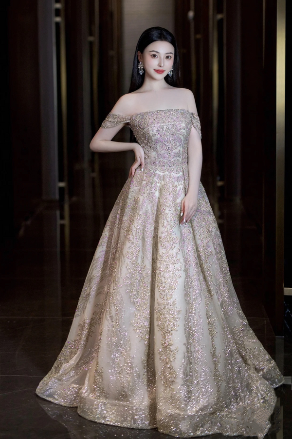 XJ Novella Off Shoulder Golden Ballgown