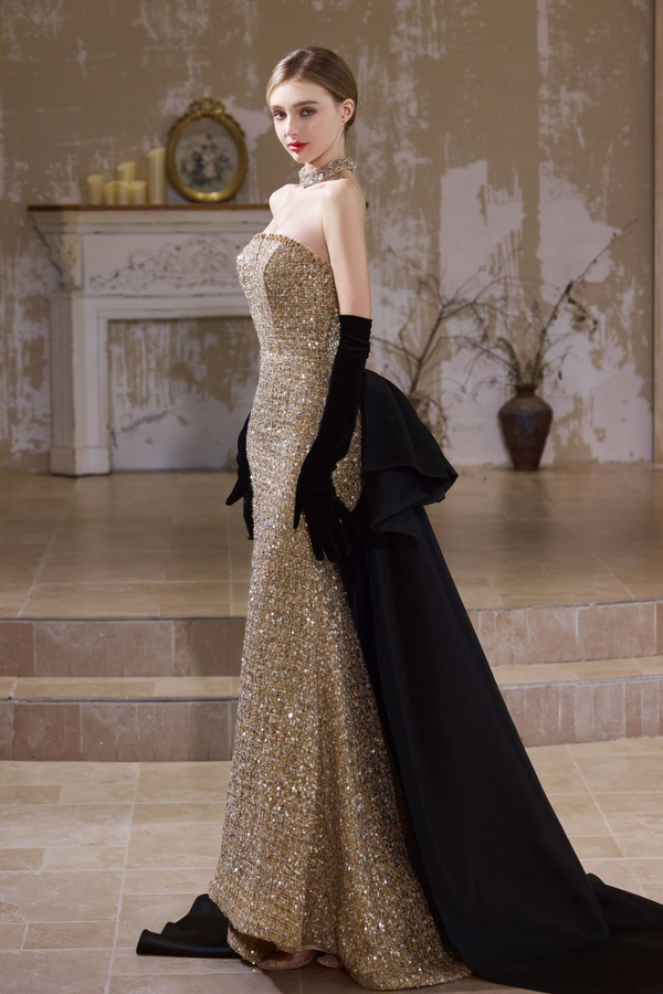 XJ Vionna Golden Mermaid Ribbon Gown