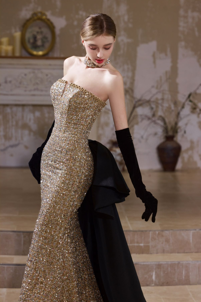 XJ Vionna Golden Mermaid Ribbon Gown