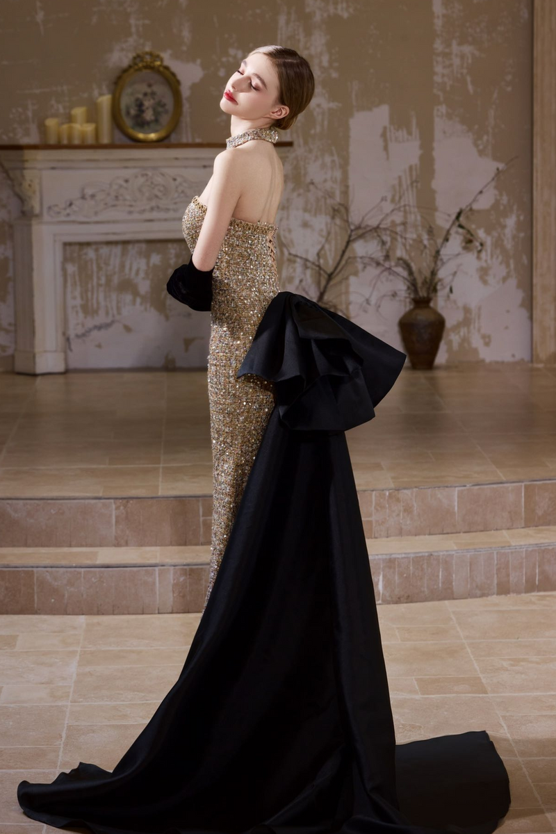 XJ Vionna Golden Mermaid Ribbon Gown
