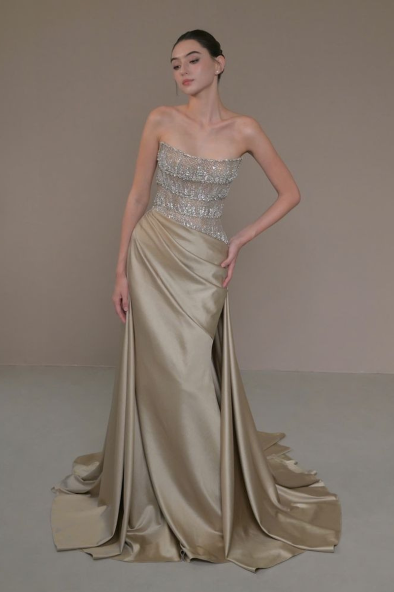 Linh Nga Seraphine Silk Champagne Couture Gown With Overskirt