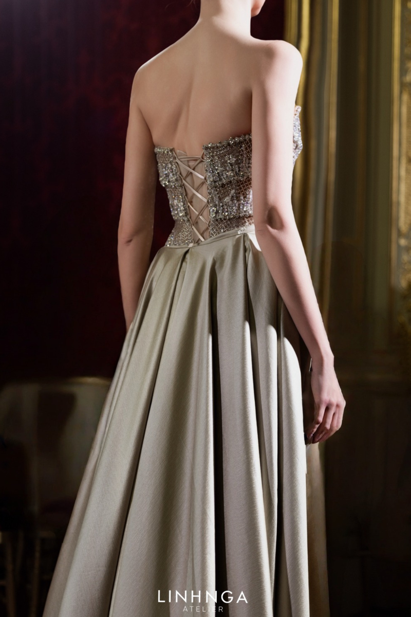 Linh Nga Seraphine Silk Champagne Couture Gown With Overskirt