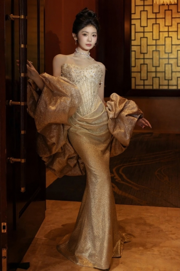 RM Carmine Golden Stardust Gown with Cape