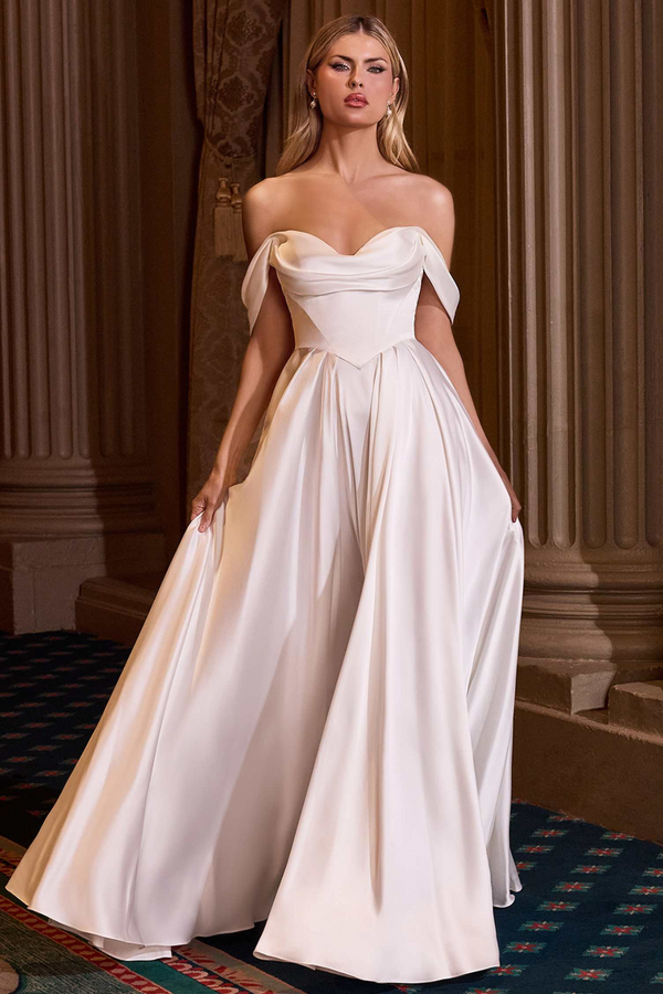 CD Thalia Off Shoulder Satin White Flare Gown