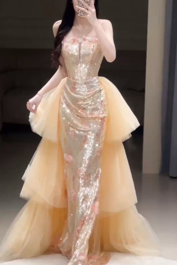 XJ Oriana Sequin Mermaid Gown With Overskirt