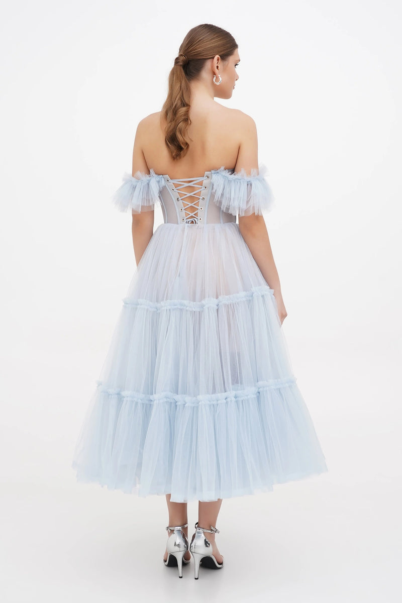Milla Dione Baby Blue Tulle Off Shoulder Midi Gown