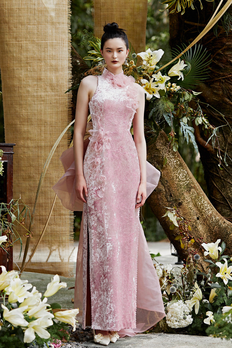 SC Butterfly Pink Velvet Cheongsam GlamEdge Dress & Gown SC Butterfly Pink Velvet Cheongsam GlamEdge Dress & Gown
