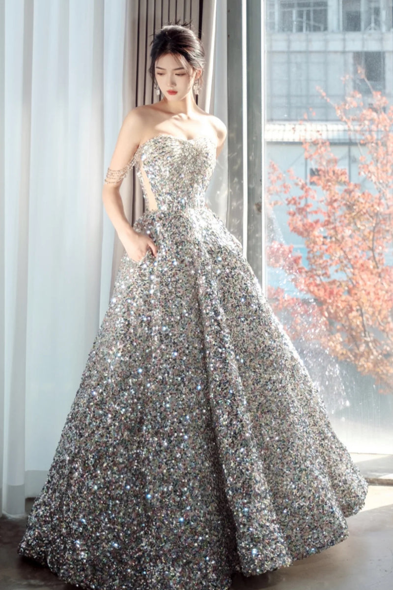 Itzel Silver Sequin Ballgown GlamEdge Dress & Gown Itzel Silver Sequin Ballgown GlamEdge Dress & Gown