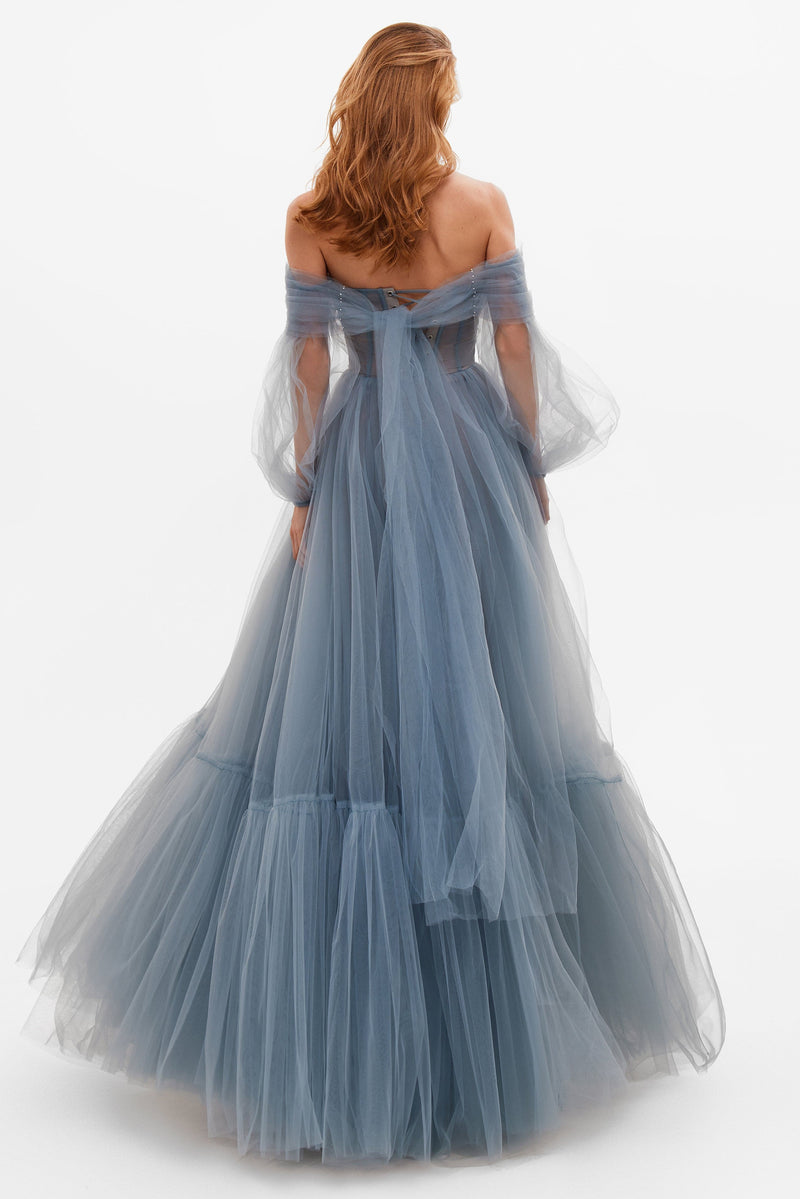 Milla Maeve Ocean Wave Tulle Gown with Detachable Sleeve