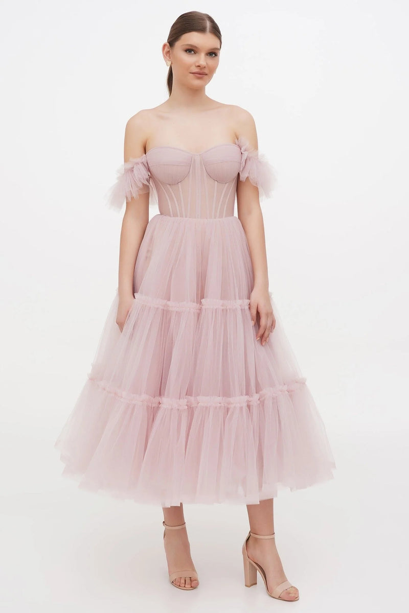 Milla Dione Misty Rose Tulle Off Shoulder Midi Gown