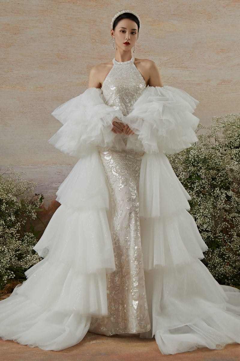 SC Chiara Sequin Halter Gown with Ruffle Cape GlamEdge Dress & Gown SC Chiara Sequin Halter Gown with Ruffle Cape GlamEdge Dress & Gown