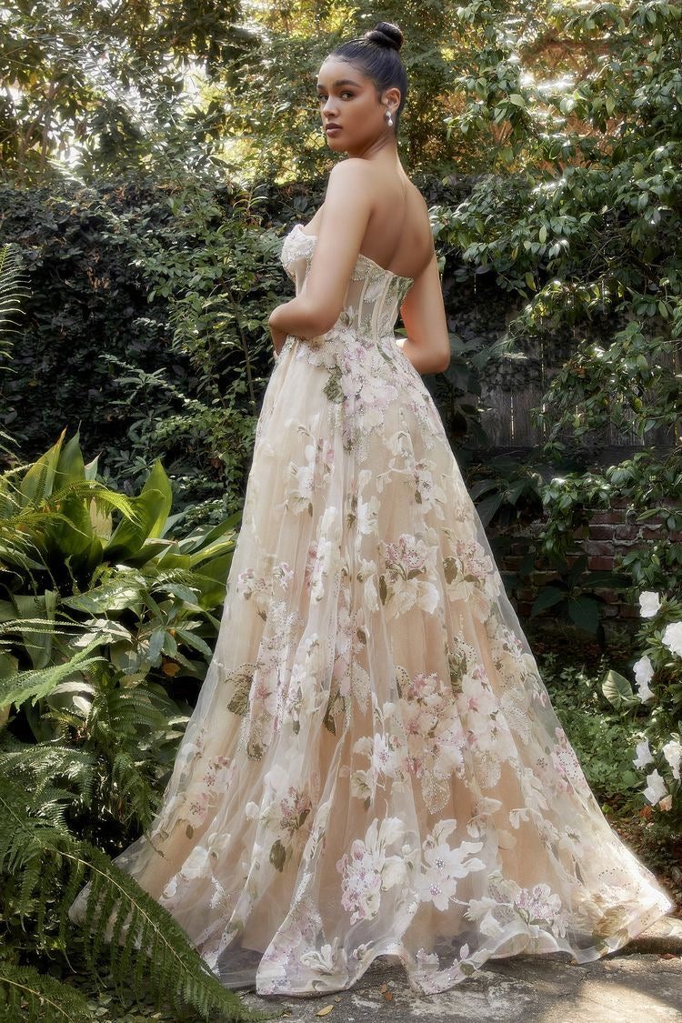 champagne floral dress Beaded High Neck Champagne Floral Tea Length Dress Ohmollydress