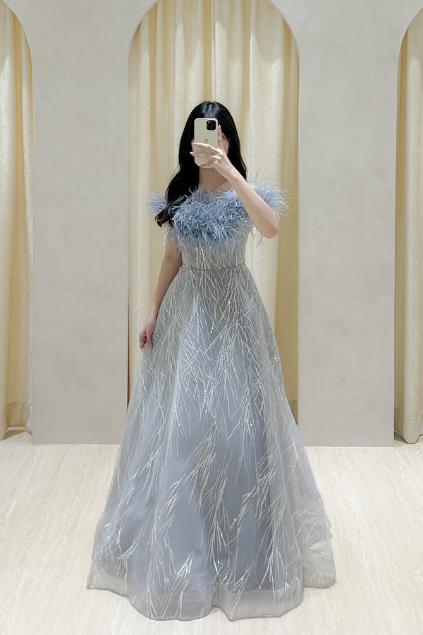 Furry Feather Glitters Blue Ballgown