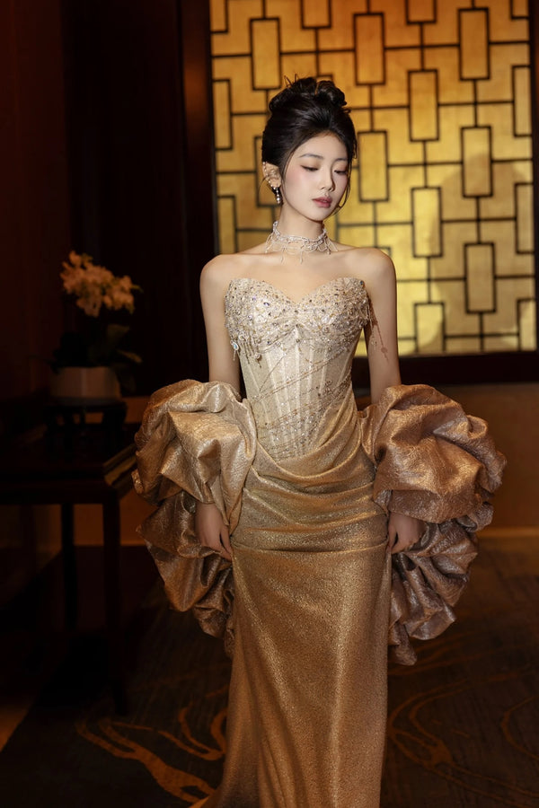 RM Carmine Golden Stardust Gown with Cape