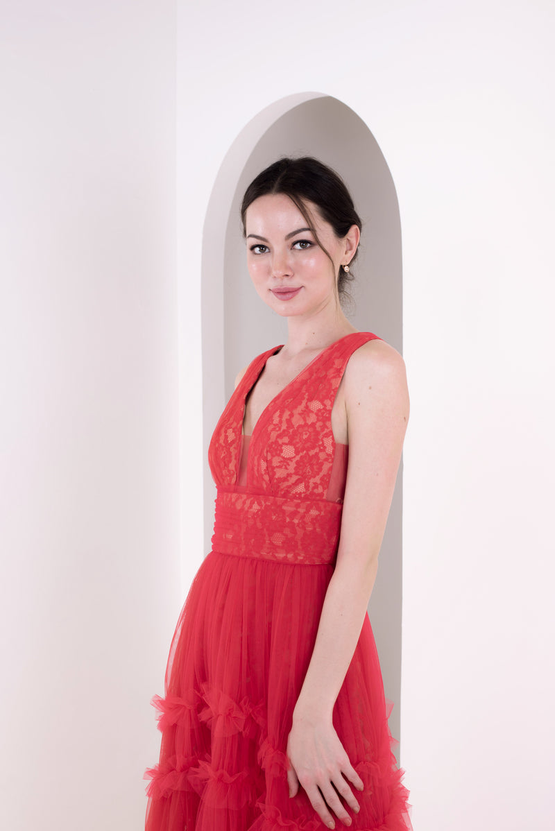 Hygea Ruffle Red Tulle Gown