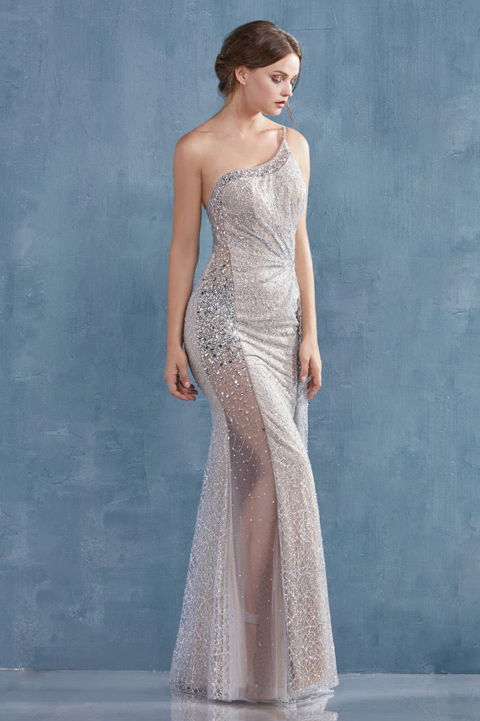AL Nora Silver One Shoulder Glittery Gown