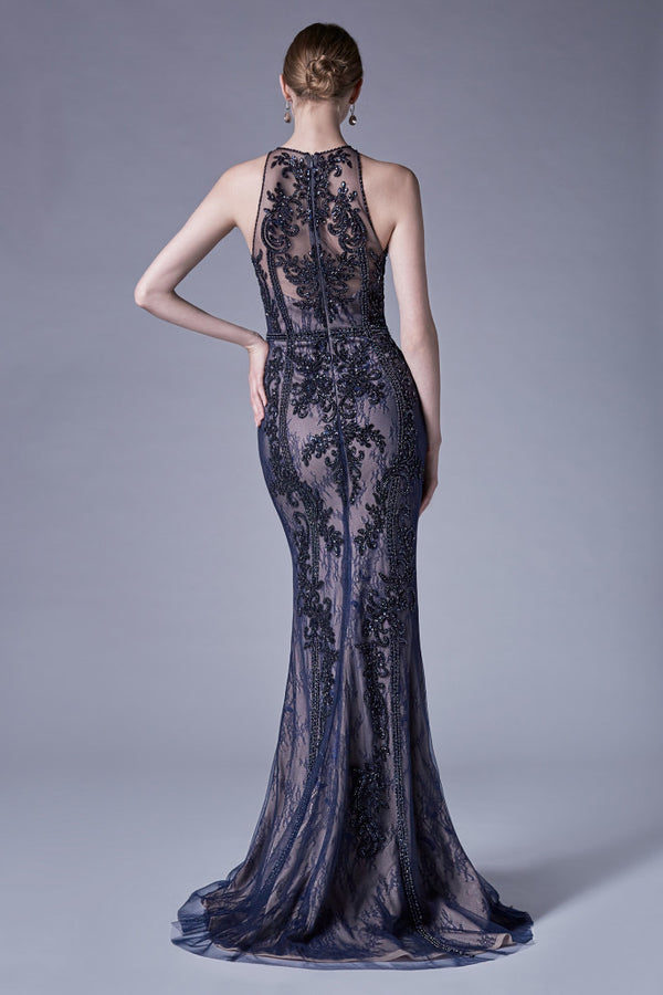 AL Omicron Halter Navy Lace Gown