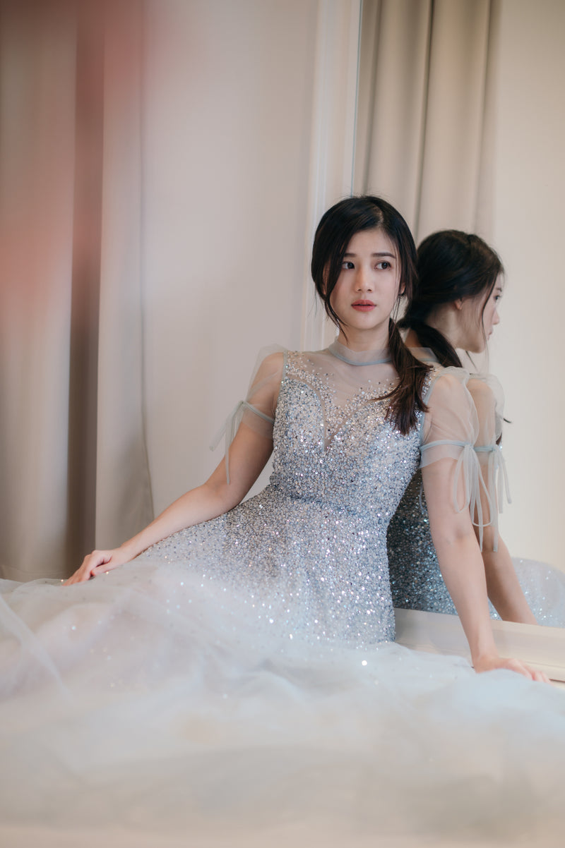 Charlotte Crystal Blue Puffy Sleeve Gown GlamEdge Dress & Gown Charlotte Crystal Blue Puffy Sleeve Gown GlamEdge Dress & Gown
