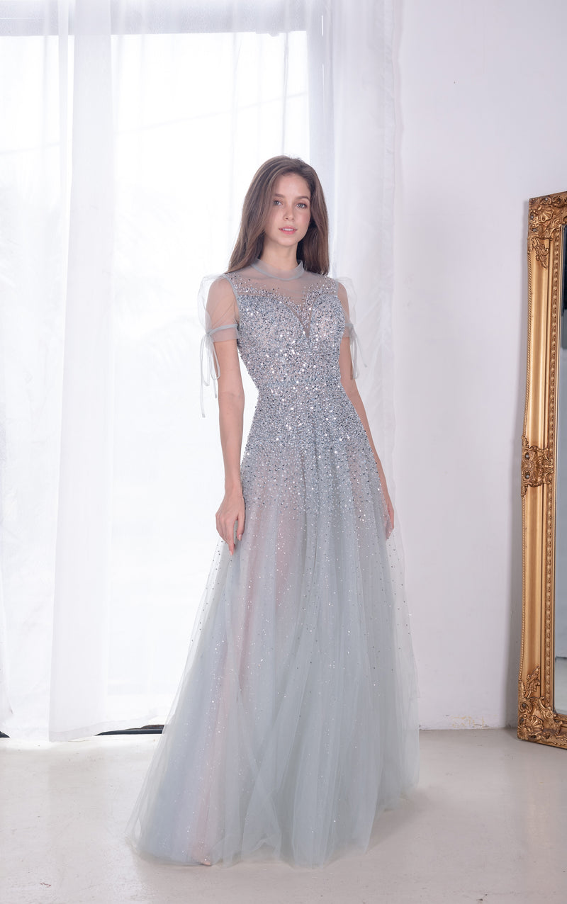 Charlotte Crystal Blue Puffy Sleeve Gown