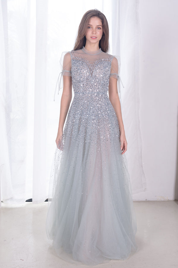 Charlotte Crystal Blue Puffy Sleeve Gown