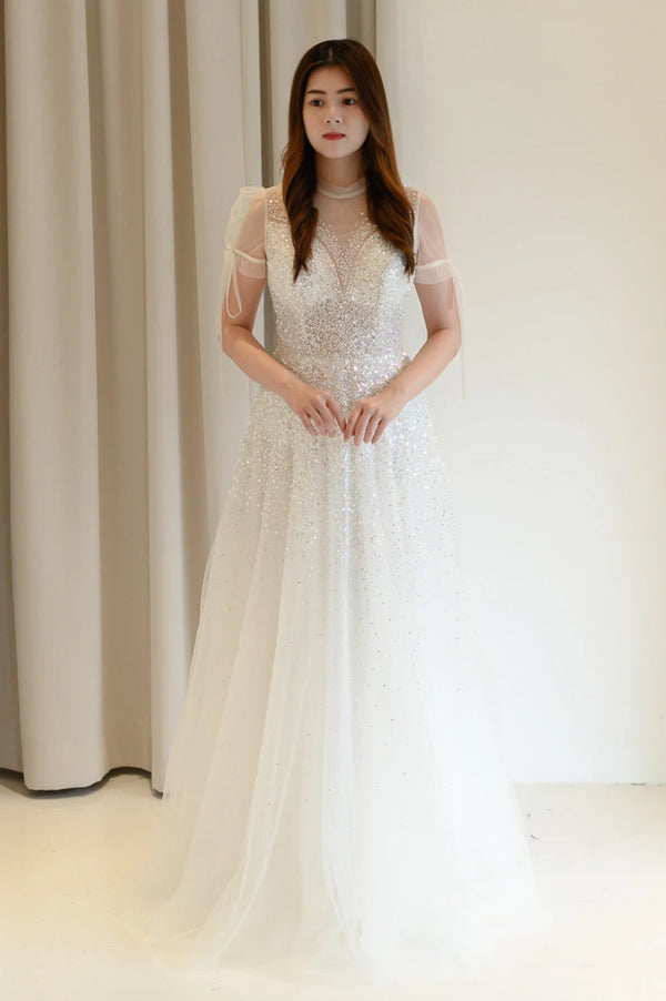 Charlotte Crystal White Puffy Sleeve Gown