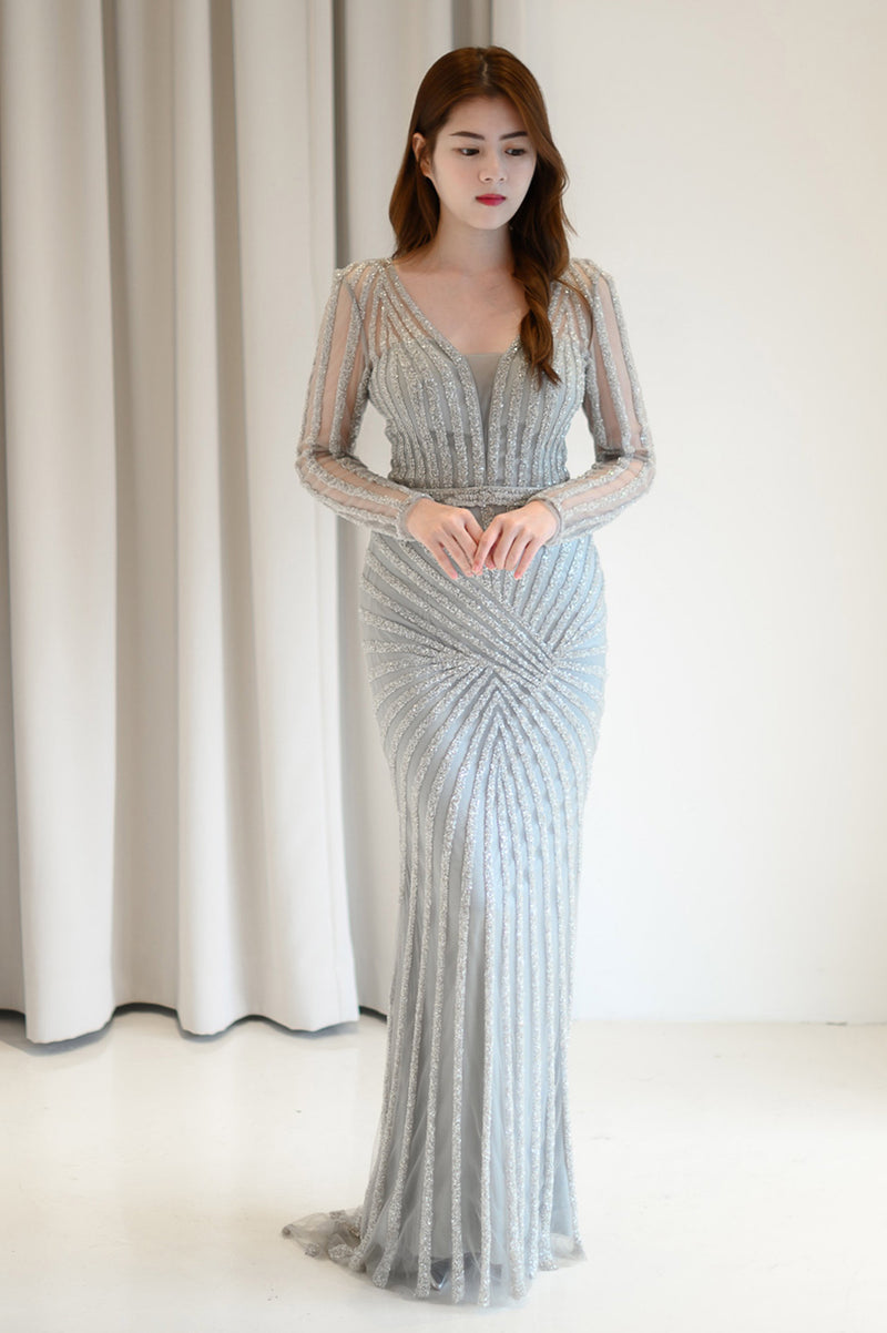 VQ Silver Striped Sequin Long Sleeve Long Train Prom Dress