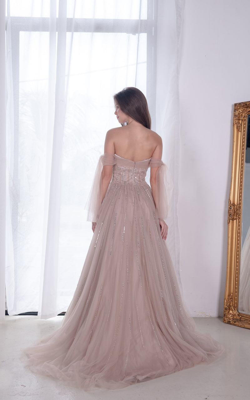 Ethereal Dusty Pink Off Shoulder Gown