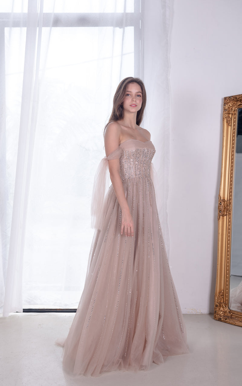 Ethereal Dusty Pink Off Shoulder Gown