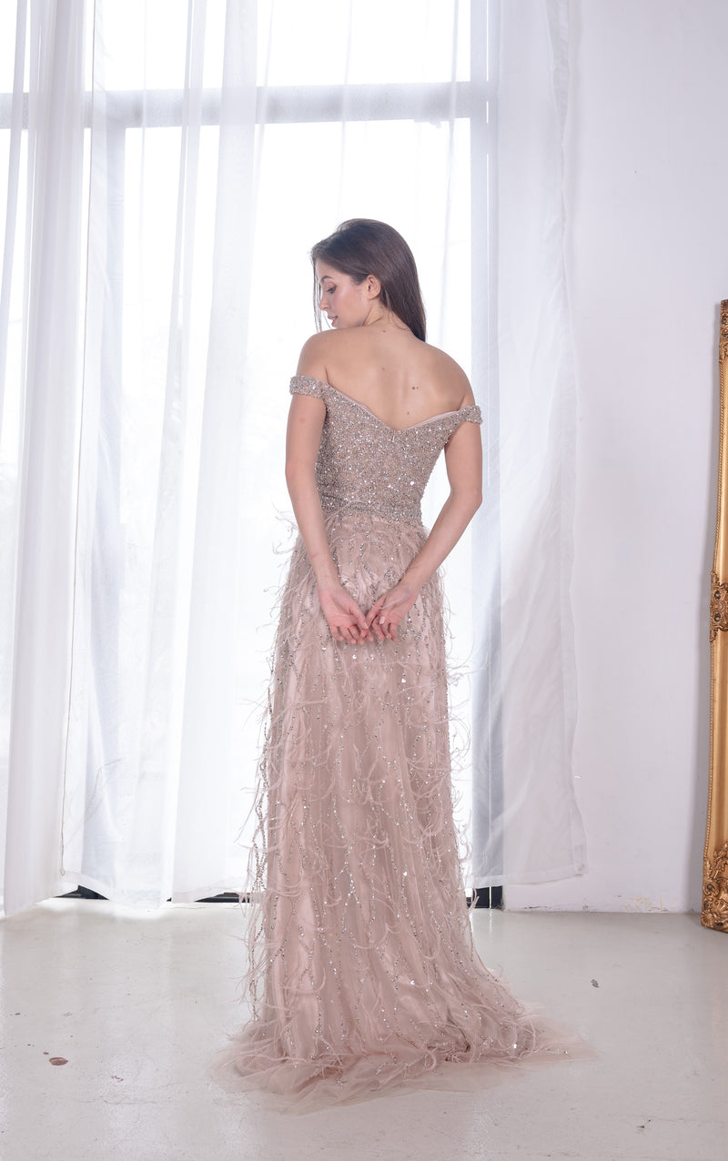 Ethereal Feather Furry Champagne Gown