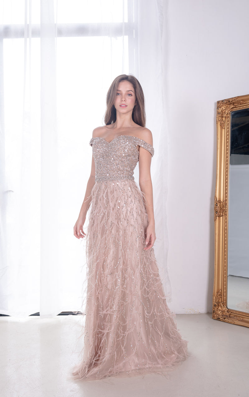 Ethereal Feather Furry Champagne Gown